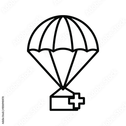 Parachute delivery of medical supplies icon, humanitarian aid.