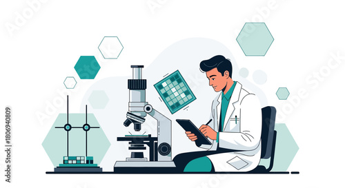 Dedicated scientist meticulously researching with a microscope, meticulously documenting results