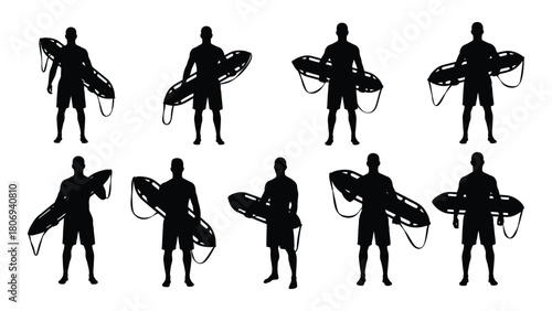 Lifeguard with rescue tube silhouettes isolated on white background, Vector