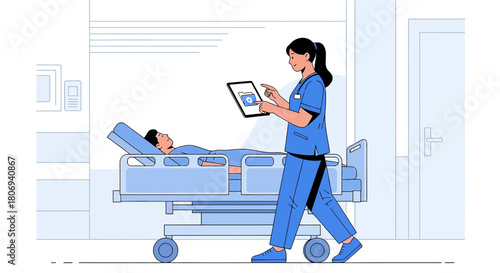 Digital healthcare data management in a contemporary hospital room setting for enhanced patient care
