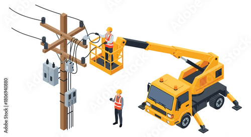 Electrical worker performing maintenance on a high voltage power pole with a bucket truck