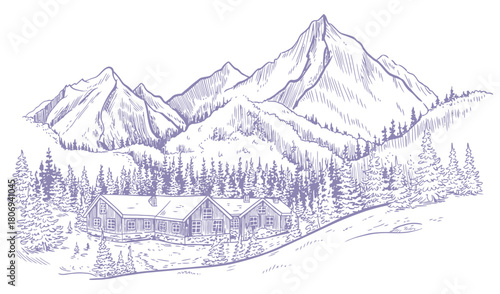 Mountain landscape sketch vector illustration, hand drawn mountains and hills