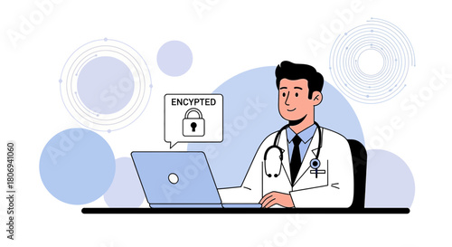 Doctor using secure laptop for patient data, emphasizing healthcare cybersecurity and data privacy