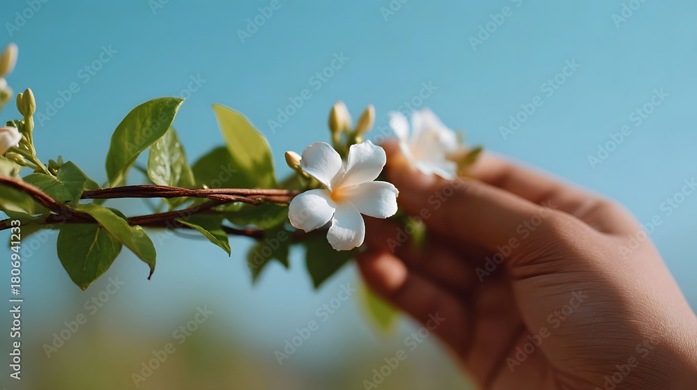 Fototapeta premium A gentle hand reaches out to touch a delicate white flower blooming on a green vine set against a clear blue sky