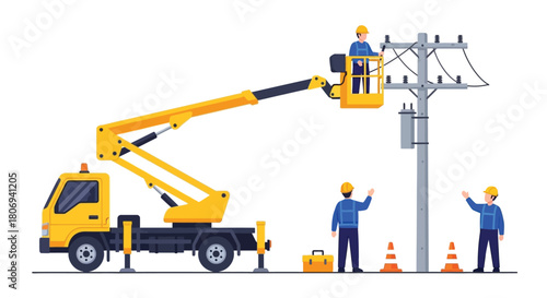 Electrical linemen working on high voltage power lines with a bucket truck