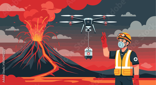 Drone assisted medical aid delivery near an active volcano for emergency response operations