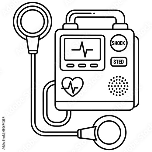 Defibrillator medical device line art icon with heartbeat display