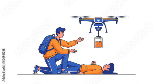 Drone delivering blood to emergency personnel assisting an injured person demonstrates modern