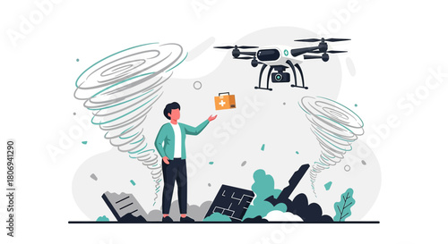 Drone Delivering Aid to Disaster Victims After Tornado, illustrating immediate relief and modern