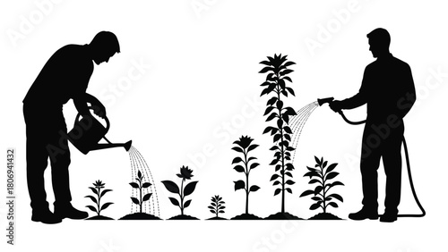 Gardeners watering plants silhouette isolated on white background, Vector