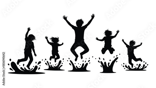Happy children jumping in puddles silhouette isolated on white background, Vector