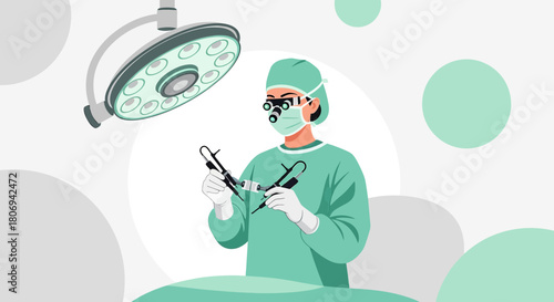 Focused surgeon preparing surgical instruments beneath operating room light illustration
