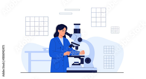 Focused scientist examining a sample under a microscope in a lab environment illustration