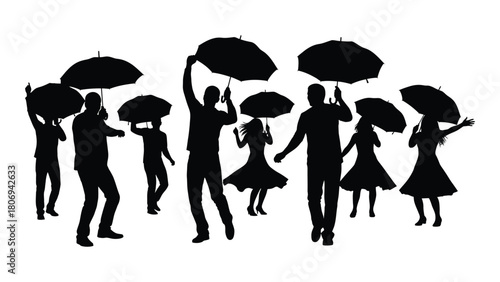 People dancing with umbrellas silhouette isolated on white background, Vector