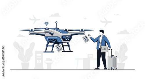 Futuristic airport scene showcasing unmanned drone delivering travel boarding passes to passenger