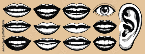 Halftone pop art mouth and facial elements, newspaper-style lips, eyes and ears, smiling and screaming expressions, doodle punk poster, woman sticking tongue out, vector vintage paper stickers
