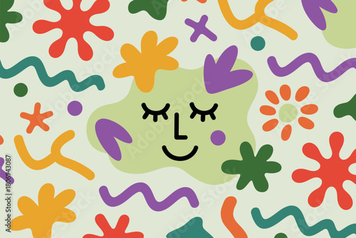 A whimsical, stylized abstract face with closed eyes rests amidst a playful, organic pattern of colorful shapes and lines, evoking a sense of calm and joy.