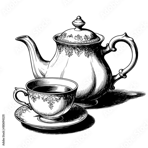 A porcelain teapot and a cup of tea or coffee, a black and white sketch. Vector illustration. Tea ceremony, isolated drawing on a white background. Coffee house10