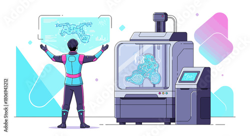 Futuristic Engineering: A Scientist Supervising the 3D Printing of a Complex Object