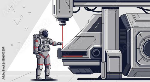 Futuristic exploration: An astronaut interacting with advanced technology on a space mission