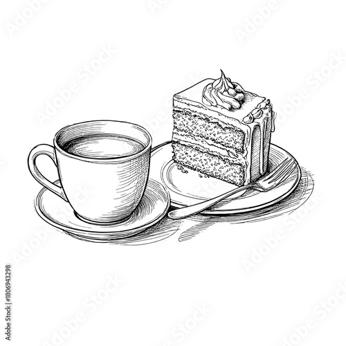 A cup of hot tea on a saucer and a piece of sweet cake with cream,  black and white sketch. Vector illustration. The circle and the base are isolated on a white background. Tea party and coffee shop18