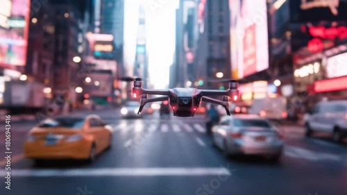 Drone flying urban city street at night with glowing lights and blurred background