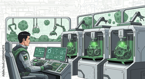 Futuristic Factory Controller Overseeing Asteroid Mining and Robotic 3D Printing Operation