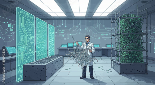 Futuristic laboratory showcasing circuit boards and cable management, digital infrastructure and