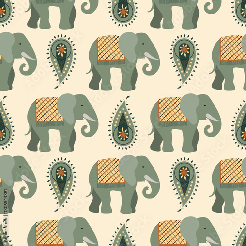 Traditional seamless Paisley, elephant, palm pattern. Indian Kashmir ornament. Vector