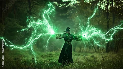 A mysterious wizard or sorcerer in a dark robe casting powerful green magic lightning in a mystical forest.