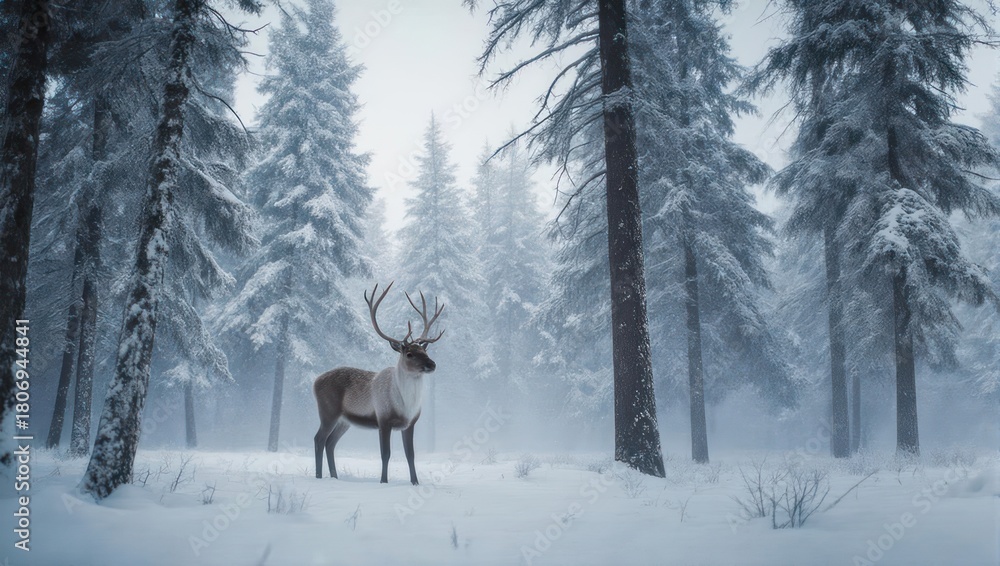 Obraz premium Majestic Reindeer Standing in a Snowy Winter Forest.