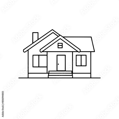 Logo-style house design featuring a prominent gabled roofline with clean lines, a set of visible steps leading to the entrance, a sturdy chimney rising from the roof, and bold minimal line work that d