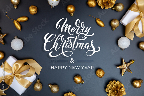 Merry Christmas and Happy New Year greeting card, frame, and banner. Holidays design. Noel and Feliz Navidad. Christmas gifts and decorations, top view. Flat lay.