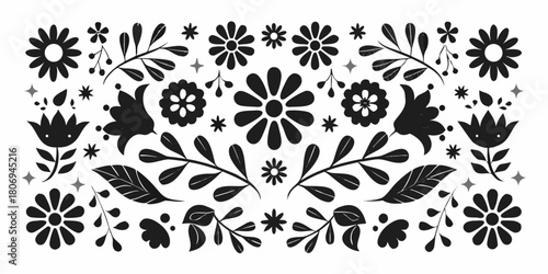 Black and white floral pattern with folk art style flowers and stars