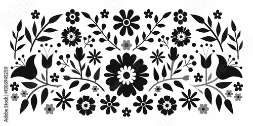 Black and white floral pattern with flowers and leaves