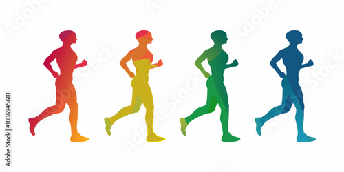 Colorful running man silhouettes in a row on white background
