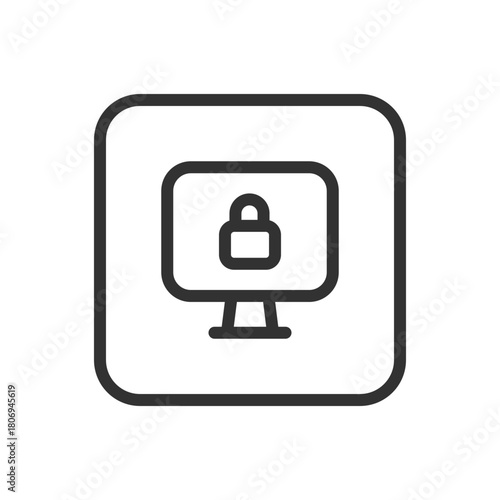 Protection, Security iMac line icon – iMac with lock outline vector for macOS security, device encryption, endpoint protection UI