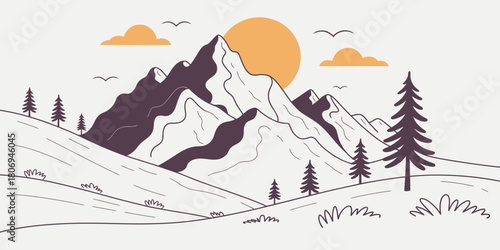Sunset mountain landscape vector illustration, serene natural scenery