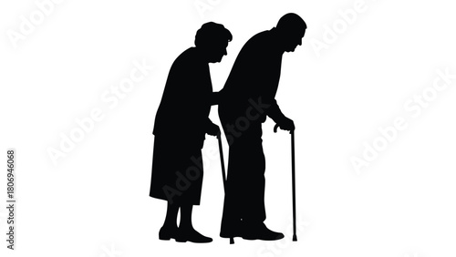 Elderly couple walking silhouette isolated on white background, Vector