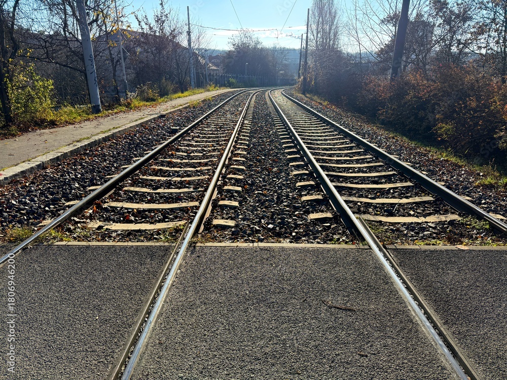 Fototapeta premium People and automobile asphalt crossing over rails