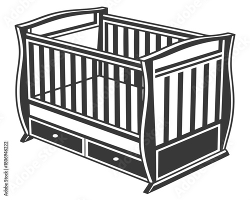 Illustration of a wooden baby crib with drawers isolated on white background
