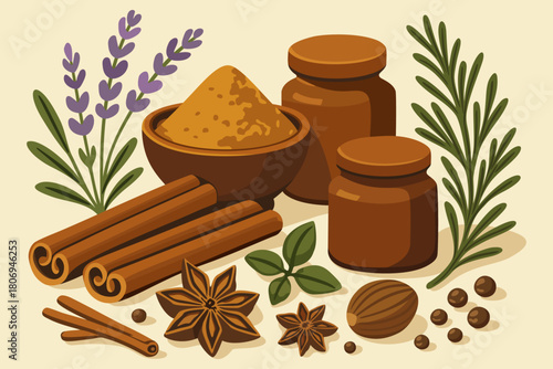 Assortment of spices and herbs, including cinnamon sticks, fragrant lavender, rosemary, turmeric, nuts and brown wooden jars for spices on light beige background. Vector still life illustration