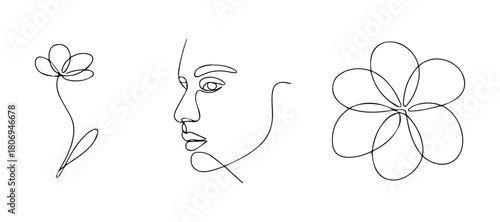 Set of one line drawings including woman face, simple flower, and clover leaf. Minimalist continuous line art isolated on white background. Vector illustration.