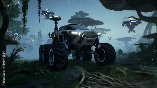Autonomous Wild Exploration Travel: Futuristic Rover Navigates Mysterious Alien Jungle at Twilight, Accompanied by Scouting Drones.