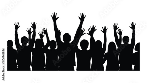 People raising hands silhouette isolated on white background, Vector