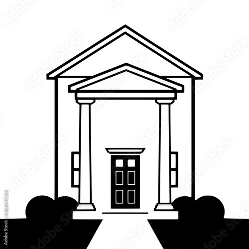 Simplified architectural house icon with classic porch pillars, strong black contours, and a centered frontal composition, featuring a clean and minimalist aesthetic, with bold lines and a balanced la