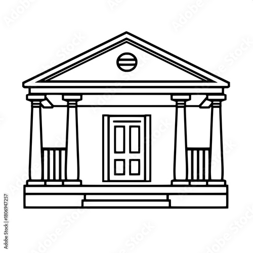 Simplified architectural house icon with classic porch pillars, strong black contours, and a centered frontal composition, featuring a clean and minimalist aesthetic, with bold lines and a balanced la