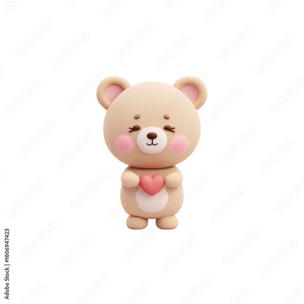 Fototapeta premium cute teddy bear holding a small heart, rounded 3D character design, minimal soft pastel korean vibe on white background