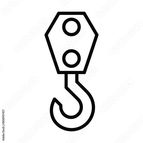 Industrial Crane Hook Line Art Icon - Lifting, Heavy Construction, and Cargo Hoist Outline Vector