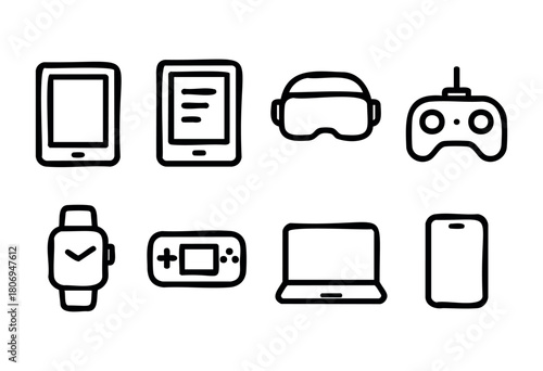 A collection of digital devices including a tablet, e-reader, virtual reality headset, game controller, smartwatch, handheld console, laptop, and smartphone is showcased on a white surface.
